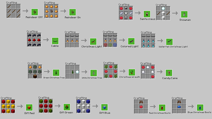Recipes for crafting Christmas decorations from the Christmas Decorations mod in Minecraft PE