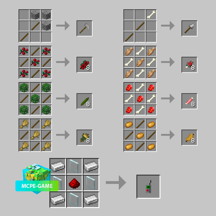 Recipes for crafting lures and new items from the Prehistoric Rift mod in Minecraft PE