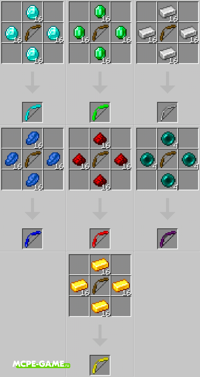 New Bow Crafting Recipes from the More Bows mod in Minecraft PE