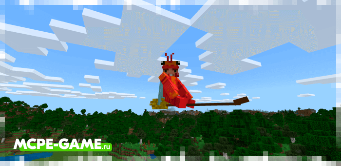 Flying a broomstick from the Wizardry mod in Minecraft