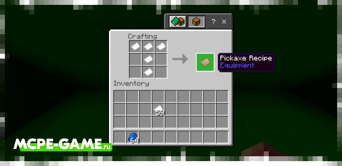 Example recipe crafting for a pickaxe
